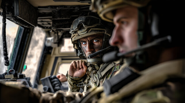 British Army Challenger 2 tank crew operating inside a modern main battle tank during a realistic combat exercise in the UK. Commander and gunner coordinating tactical actions, usi