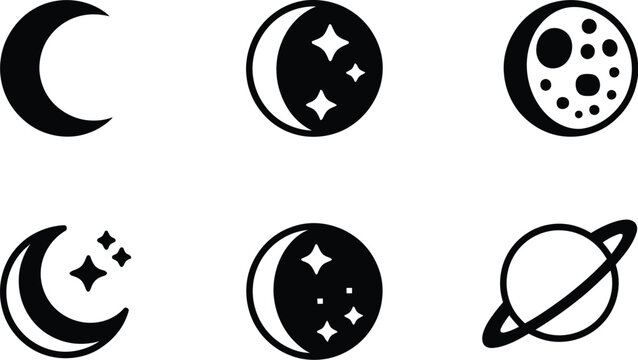 Lunar Phases Icon featuring crescent moon, quarter moon, full moon, stars, astronomy, night sky, and celestial symbols in editable vector icon set styles.