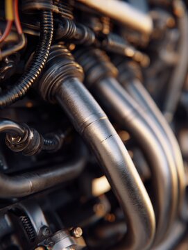 Detailed view of metallic exhaust headers with heat discoloration and connecting wires on a high-performance engine under warm lighting conditions