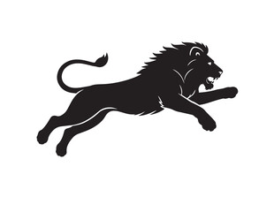 Black silhouette of a leaping lion with a flowing mane and tail © Prodeep