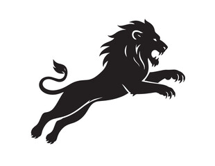 Black silhouette of a pouncing lion with a flowing mane on white © Prodeep