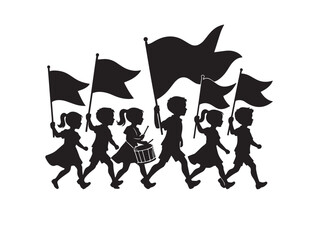 Silhouette Of Children Marching With Flags And A Drum On White