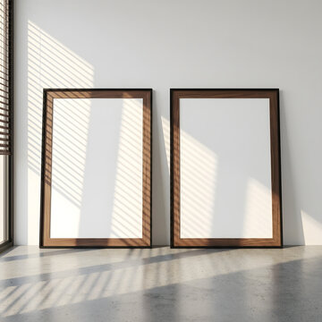 Two Vertical Oak Picture Frames Leaning Against A White Wall On A Concrete Floor With Morning Window Shadows