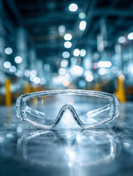 Transparent safety goggles resting on shiny metal surface with blurred industrial warehouse background and bright overhead lighting reflections