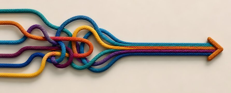 Colorful tangled ropes weaving together to form a single unified directional arrow symbolizing teamwork synergy and business problem solving.