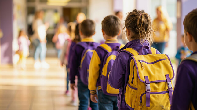 Group of young students in purple uniforms walking down a school hallway with yellow backpacks.