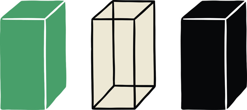 Graphic illustration of three rectangular prism shapes including a solid green cuboid a thin emerald outline and a dense black box element rendered in isometric 3D perspective on white.