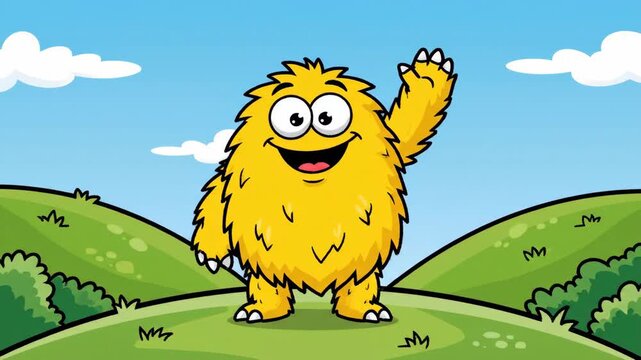 Yellow Fluffy Monster Jumping and Waving on Green Hills 2D Cel Animation