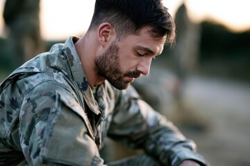 Fototapeta premium Thoughtful male soldier in camouflage military uniform sitting outdoors reflecting during a calm sunset moment in a serene natural environment