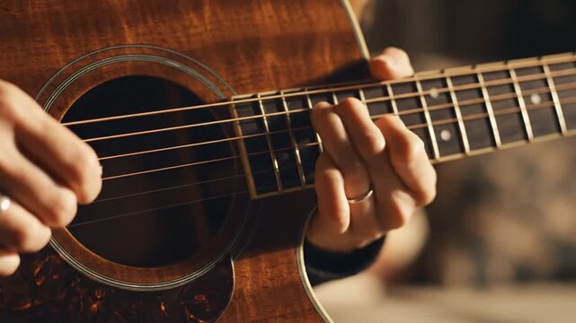 Close-up of hands playing acoustic guitar, strumming strings, music hobby, creative expression