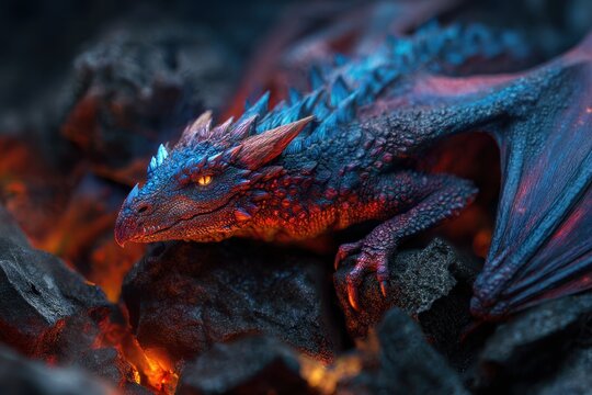 A mythical dragon with glowing orange eyes and textured scales resting on fiery volcanic rocks illuminated by the surrounding embers in a fantasy setting