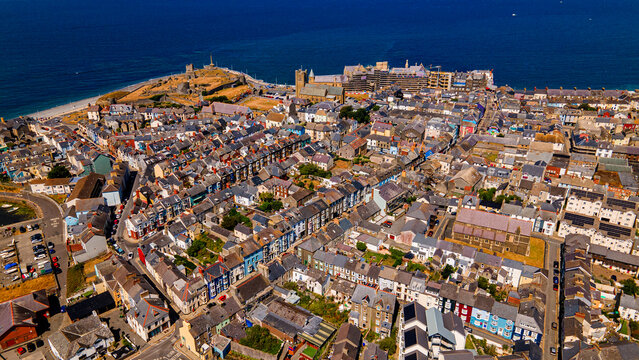 Aerial panorama of Aberystwyth town coast castle and sea