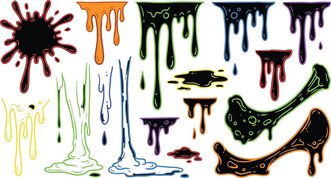 Vibrant Neon Liquid Paint and Viscous Slime Droplets Cascading Downwards on a Solid Dark Black Minimalist Background Abstract Artistic Texture Element Set