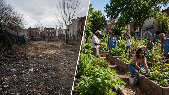 Empty lot and neighborhood community garden