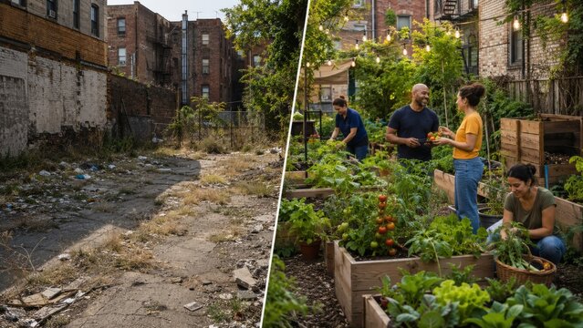 Vacant city yard and urban vegetable garden