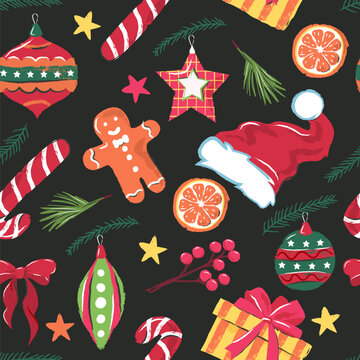Vector watercolor Christmas seamless pattern. Hand drawn winter holiday background with santa hat, gingerbread, gift box