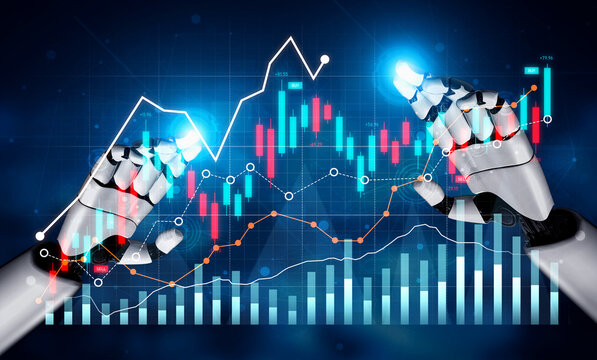 Robot hands hover over vibrant charts and data trends, symbolizing advanced analytics and innovations in finance. Ideal for technology, investment, and financial themes. Scalp