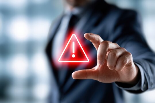 Businessman in suit pointing at glowing red warning sign representing alert or caution for risk management and security measures in professional environment