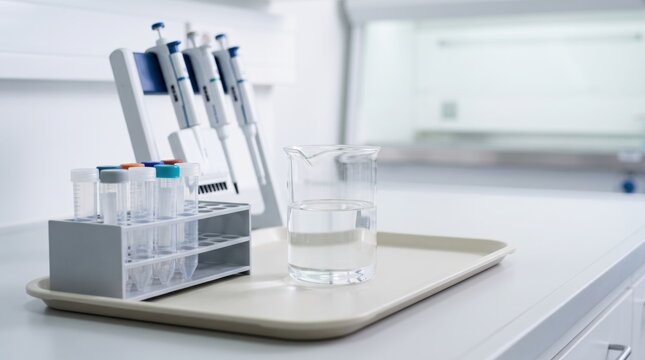 Sterile laboratory bench with a glass beaker test tubes and pipettes on a tray