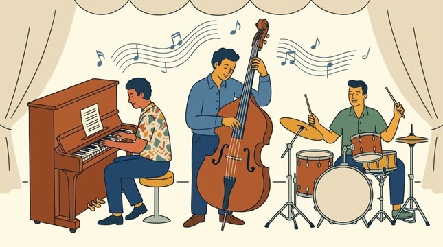 Elegant jazz trio performing a dynamic live concert with a grand piano, acoustic upright double bass, and rhythmic drum kit in a dimly lit atmospheric club venue with theatrical lighting.