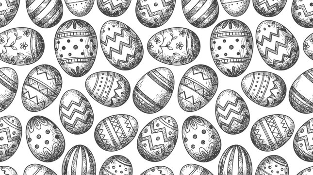 Seamless Pattern of Hand Drawn Easter Egg Sketches and Decorative Spring Ornament Illustration Vector Background for Wrapping Paper Textile or Holiday Greeting Cards Design