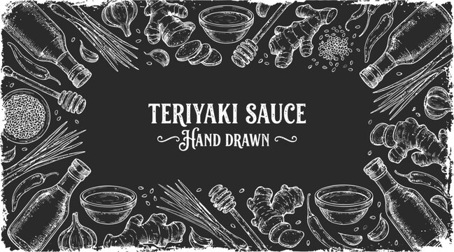Hand Drawn Teriyaki Sauce Frame Vector with Vintage Engraving Sketch Style and Intricate Detailed Border for Japanese Cuisine Menu Design and Gourmet Food Branding Illustration