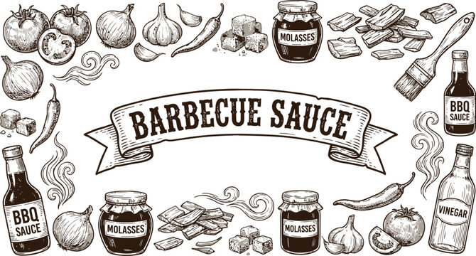 Elegant Barbecue Sauce Packaging Frame with Hand Drawn Engraving Illustration Featuring Rustic Woodcut Elements for Gourmet Condiment Label Design and Vintage Culinary Branding Templates