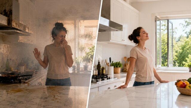 Smoky greasy kitchen and fresh ventilated home kitchen