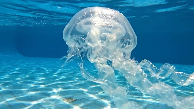 Clear Plastic Wrap Jellyfish Floating Underwater in a Blue Swimming Pool with Sunlight Refraction and Subsurface Scattering