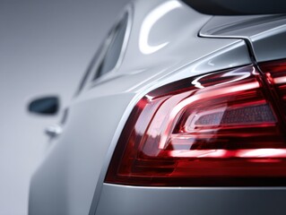 Fototapeta premium Sleek modern silver sedan rear with illuminated red tail light showcasing contemporary car design and polished bodywork in a studio setting