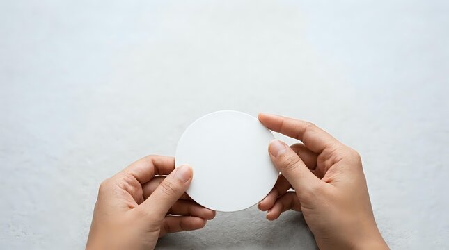 Hands holding blank white circle on neutral background for branding, mockup, and design projects.