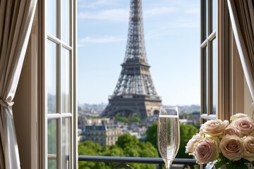 Obraz premium Champagne glass and bouquet of roses on a balcony overlooking a famous iron lattice tower and a sunlit cityscape framed by elegant open windows with curtains