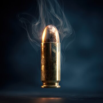 Shiny metallic bullet with rising smoke against a dark background symbolizing danger and power in a dramatic and intense composition