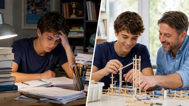 Overwhelmed homework desk and joyful model building lesson