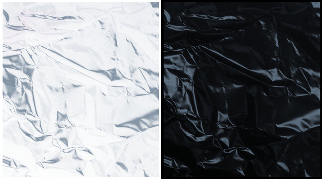 Crumpled plastic wrap textures, black and white wrinkled cellophane film backgrounds, shiny distorted polyethylene surface for overlay and design