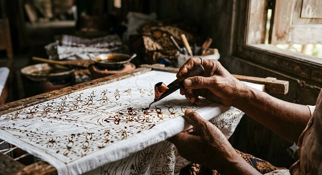 Close up of hands of an Indonesian artisan using a canting tool to draw traditional batik patterns on white fabric