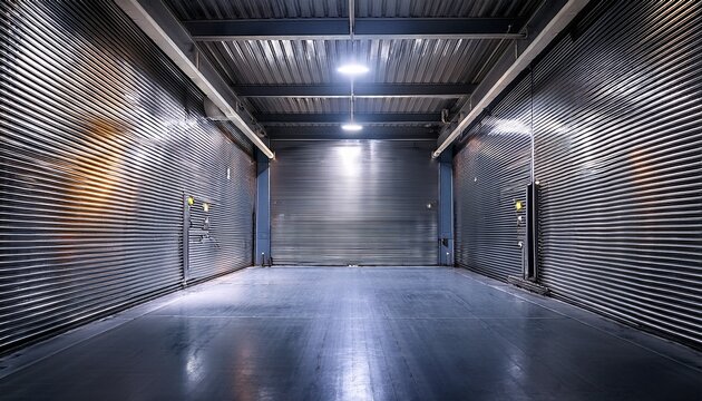 interior view of an empty garage with a metallic surface floor and lighting