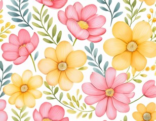 Obraz premium simple watercolor pattern with cute pink and yellow flowers isolated