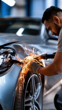 Skilled auto mechanic using a power tool to repair a silver car?s damaged front fender with sparks flying in a well-lit workshop environment