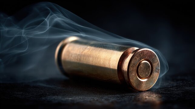 Fired brass shell casing emitting curling smoke on a dark surface symbolizing recent discharge and firearm activity with dramatic lighting and shallow focus