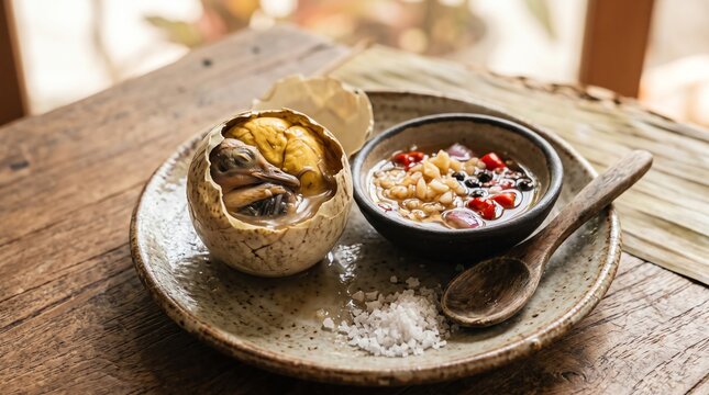 balut fertilized duck egg served with vinegar dipping sauce and rock salt on a ceramic plate