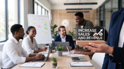 Fototapeta premium Business Team Holding Increase Sales And Revenue Sign In Modern Office Celebrating Growth Success