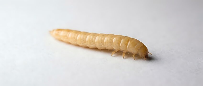Pale yellow mealworm larva on white surface, suitable for educational materials, pest control documentation, and biological research presentations.