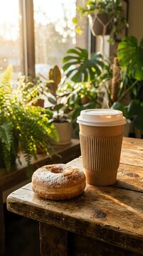 Coffee cup and sugar-dusted donut on wooden table by sunny window with lush green houseplants, ideal for cafes and breakfast content.