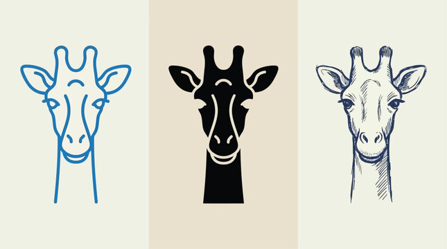 Triple giraffe head icon set featuring minimalist outline, bold solid black silhouette, and artistic hand-drawn sketch styles for wildlife conservation, nature branding, or safari design.