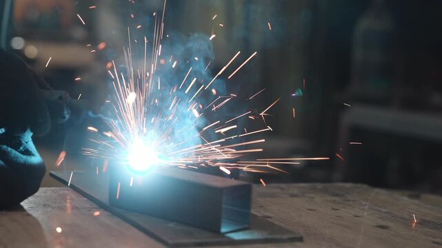 Welding bright arc onto rectangular steel tube with flying sparks, gloved hand guiding torch over metal joint on workshop bench, industrial fabrication scene, with welding, spark, arc, metal detail