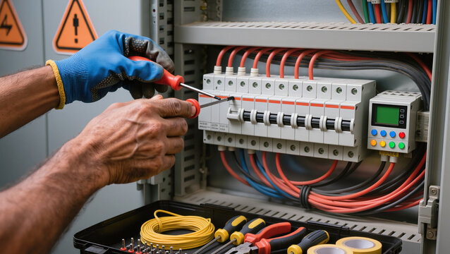 Electrician Working on Fuse Box