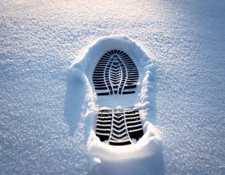 a single shoe impression in fresh snow on the ground