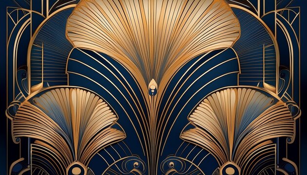 art deco wall art realism art deco wall art in the style of dark navy and bronze repeating pattern detailed and intricate compositions symmetrical compositions