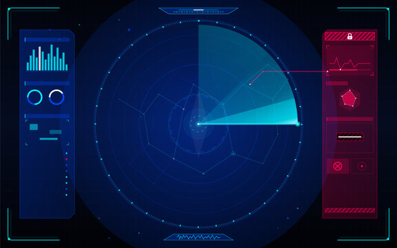 Futuristic digital radar interface with data analysis charts and hud elements interface technology